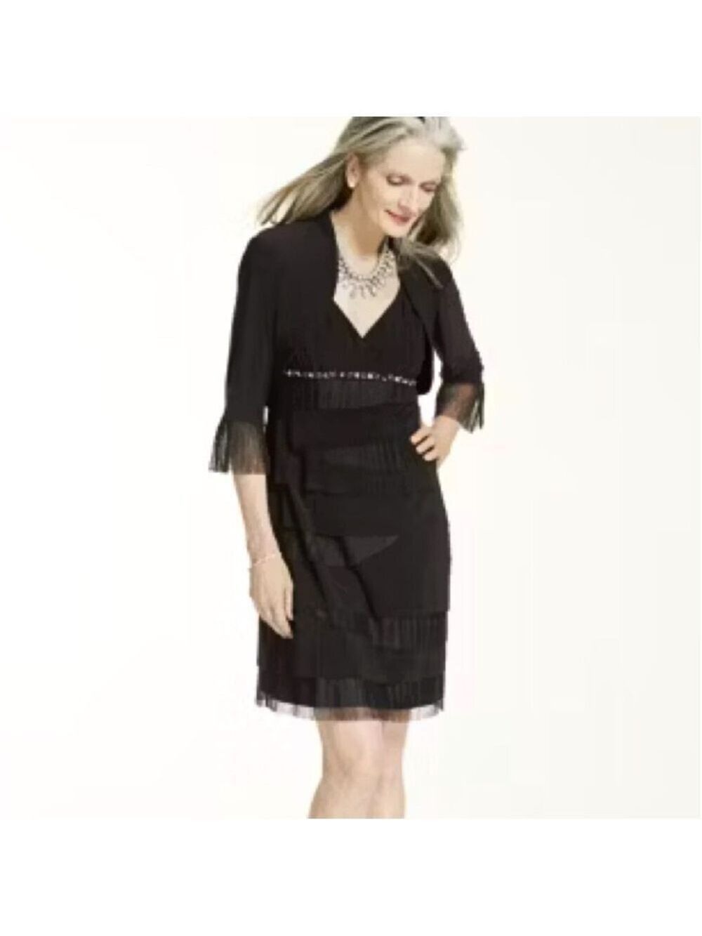 Camille La Vie Black Tiered Cocktail Dress with 3/4 Jacket and Beaded Detail, 8P